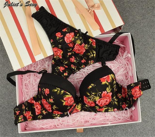 Women Floral Printed Satin Push Up Bra And Panties Set-Black-A-34-JadeMoghul Inc.