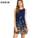 Women Flower Print Scoop Neck Sleeveless A Line Dress-Blue-XS-JadeMoghul Inc.