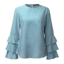 Women Frilled Sleeved Shirt Top-Blue-M-JadeMoghul Inc.