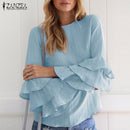 Women Frilled Sleeved Shirt Top-Blue-M-JadeMoghul Inc.