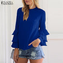 Women Frilled Sleeved Shirt Top-Dark Blue-S-JadeMoghul Inc.