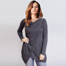 Women Full Sleeved Overlapping Cowl Neck Asymmetrical Shirt Top-DarkGrey-S-JadeMoghul Inc.