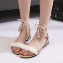 Women Fur/ Tassel String Tie Flat Sandals-Tassel black-4-JadeMoghul Inc.