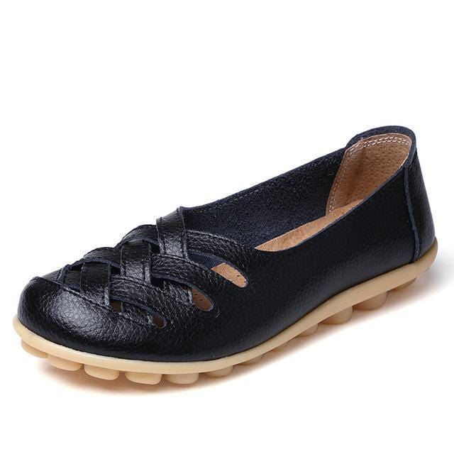 Women Genuine Leather Loafers With Cross Strap design-Black-4.5-JadeMoghul Inc.