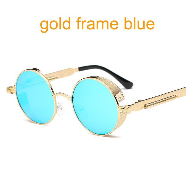 Women Gothic Steam Punk Round Shaped Sunglasses-6631 gold f blue-JadeMoghul Inc.