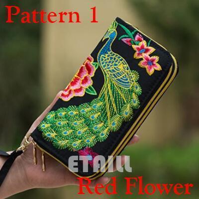 Women Heavy Thai Embroidered Double Zipper Pocket wallet/ Wristlet-Pattern 1 Red-JadeMoghul Inc.
