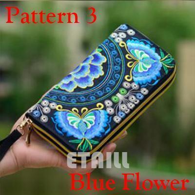 Women Heavy Thai Embroidered Double Zipper Pocket wallet/ Wristlet-Pattern 3 Blue-JadeMoghul Inc.