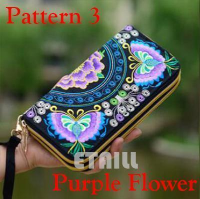 Women Heavy Thai Embroidered Double Zipper Pocket wallet/ Wristlet-Pattern 3 Purple-JadeMoghul Inc.