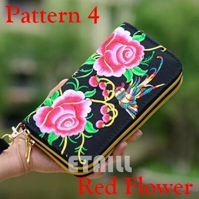 Women Heavy Thai Embroidered Double Zipper Pocket wallet/ Wristlet-Pattern 4 Red-JadeMoghul Inc.