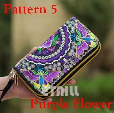 Women Heavy Thai Embroidered Double Zipper Pocket wallet/ Wristlet-Pattern 5 Purple-JadeMoghul Inc.