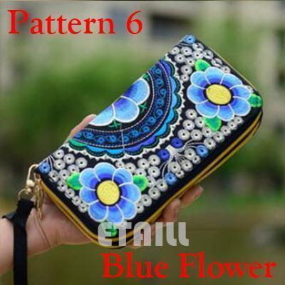Women Heavy Thai Embroidered Double Zipper Pocket wallet/ Wristlet-Pattern 6 Blue-JadeMoghul Inc.