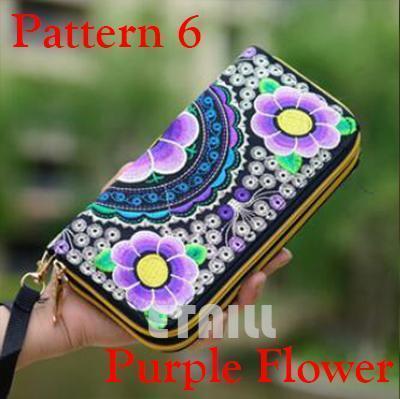 Women Heavy Thai Embroidered Double Zipper Pocket wallet/ Wristlet-Pattern 6 Purple-JadeMoghul Inc.