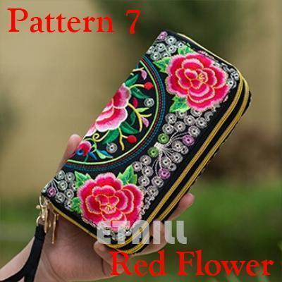 Women Heavy Thai Embroidered Double Zipper Pocket wallet/ Wristlet-Pattern 7 Red-JadeMoghul Inc.