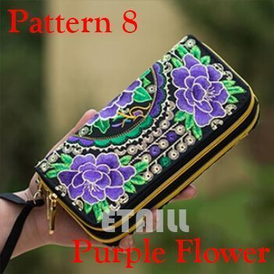 Women Heavy Thai Embroidered Double Zipper Pocket wallet/ Wristlet-Pattern 8 Purple-JadeMoghul Inc.