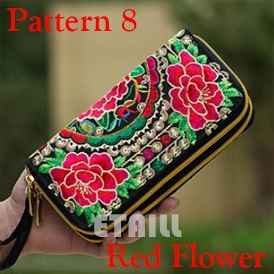 Women Heavy Thai Embroidered Double Zipper Pocket wallet/ Wristlet-Pattern 8 Red-JadeMoghul Inc.