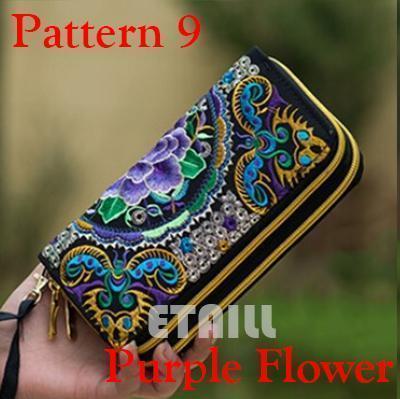 Women Heavy Thai Embroidered Double Zipper Pocket wallet/ Wristlet-Pattern 9 Purple-JadeMoghul Inc.