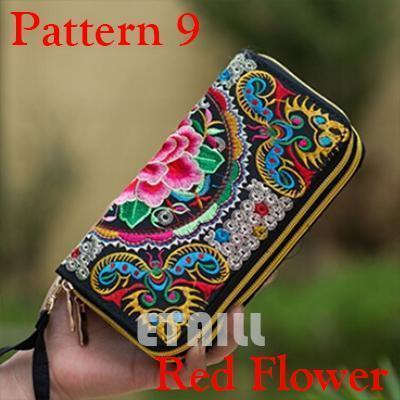 Women Heavy Thai Embroidered Double Zipper Pocket wallet/ Wristlet-Pattern 9 Red-JadeMoghul Inc.