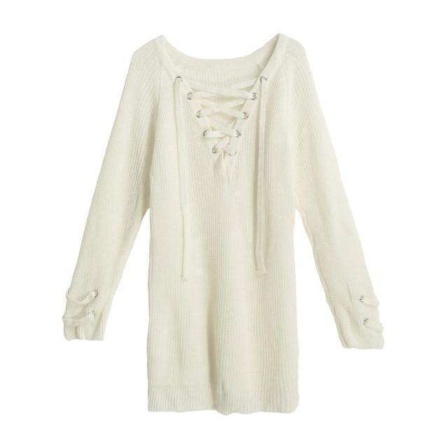 Women Knitted Lace-up Sweater-Beige-L-JadeMoghul Inc.