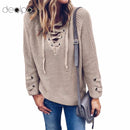 Women Knitted Lace-up Sweater-Beige-L-JadeMoghul Inc.