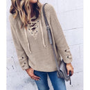 Women Knitted Lace-up Sweater-Khaki-L-JadeMoghul Inc.