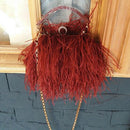 Women Knuckle Ring Evening Bag With Faux Ostrich Fur Detailing-Red-JadeMoghul Inc.