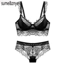 Women Lace Embroidery Bra And All Lace Seamless Panties Set-Black-70A-JadeMoghul Inc.