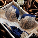 Women Lace Embroidery Bra And Lace Trim Panties Set-Blue-B-32-JadeMoghul Inc.