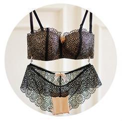 Women Lace Embroidery Wire Free Bra And All Lace Panties Set-Black-70A or 32A pants S-JadeMoghul Inc.