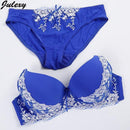Women Lace Push Up Women Bra And Embroidered Panties Set-Blue-80C-JadeMoghul Inc.