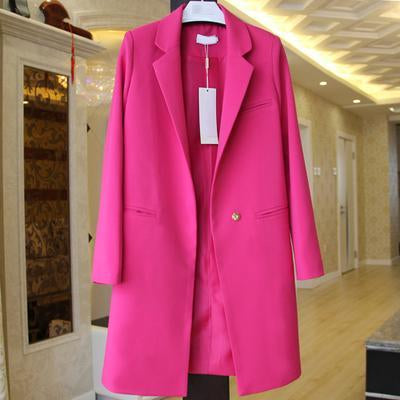 Women Long One Button Coat/ Blazer In Solid Colors-coat-Rose Red-S-JadeMoghul Inc.