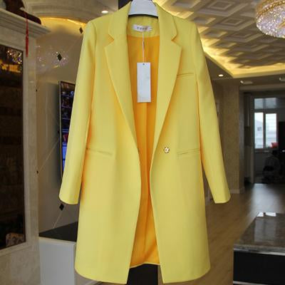 Women Long One Button Coat/ Blazer In Solid Colors-coat-Yellow-S-JadeMoghul Inc.