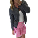 Women Long Sleeve Lattice Tartan Cardigan Top Coat-Gray-L-JadeMoghul Inc.