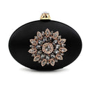 Women Oval Shaped Metal Evening Clutch With Statement Rhinestone Brooch Detailing-Black-JadeMoghul Inc.