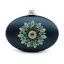 Women Oval Shaped Metal Evening Clutch With Statement Rhinestone Brooch Detailing-Green-JadeMoghul Inc.