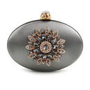 Women Oval Shaped Metal Evening Clutch With Statement Rhinestone Brooch Detailing-Grey-JadeMoghul Inc.
