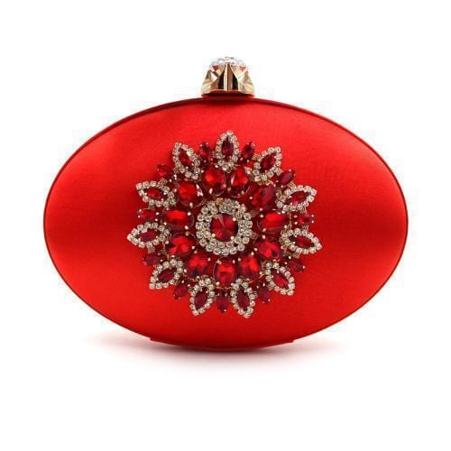Women Oval Shaped Metal Evening Clutch With Statement Rhinestone Brooch Detailing-Red-JadeMoghul Inc.