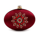 Women Oval Shaped Metal Evening Clutch With Statement Rhinestone Brooch Detailing-Wine-JadeMoghul Inc.