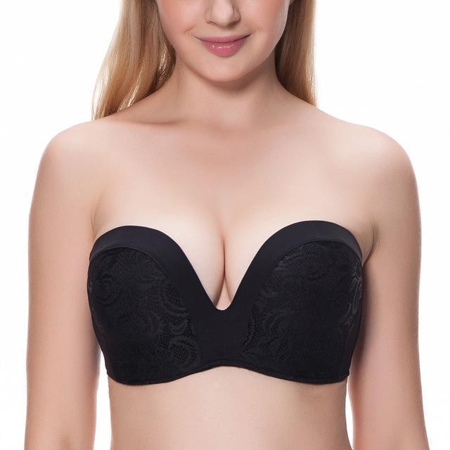 Women Padded Push Up Great Support Lace Strapless Bra-Black01-A-34-JadeMoghul Inc.