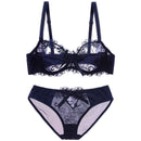 Women Padded Seamless Embroidered Lace Push Up Bra And Lace Mid Rise Panties Set-Blue-70A-JadeMoghul Inc.