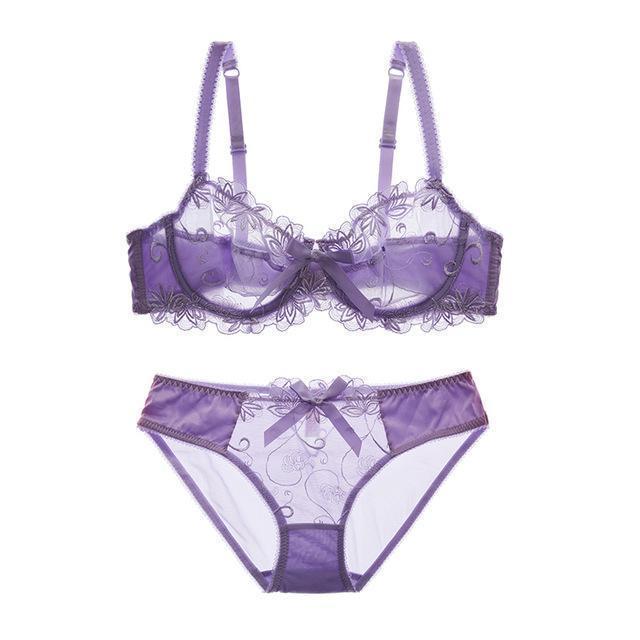 Women Padded Seamless Embroidered Lace Push Up Bra And Lace Mid Rise Panties Set-Purple-70A-JadeMoghul Inc.