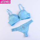 Women Padded Seamless Lace Push Up Bra And Lace low Rise Thongs Set-blue-A-34-JadeMoghul Inc.