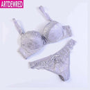 Women Padded Seamless Lace Push Up Bra And Lace low Rise Thongs Set-Grey-A-34-JadeMoghul Inc.