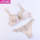 Women Padded Seamless Lace Push Up Bra And Lace low Rise Thongs Set-khaki-A-34-JadeMoghul Inc.