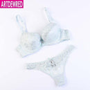 Women Padded Seamless Lace Push Up Bra And Lace low Rise Thongs Set-light green-A-34-JadeMoghul Inc.