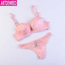 Women Padded Seamless Lace Push Up Bra And Lace low Rise Thongs Set-pink-A-34-JadeMoghul Inc.