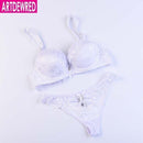 Women Padded Seamless Lace Push Up Bra And Lace low Rise Thongs Set-white-A-34-JadeMoghul Inc.