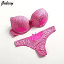 Women Padded Seamless Nylon Push Up Bra And Lace Low Rise Thongs Set-Rose-75B-JadeMoghul Inc.