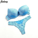 Women Padded Seamless Nylon Push Up Bra And Lace Low Rise Thongs Set-Sky Blue-75B-JadeMoghul Inc.