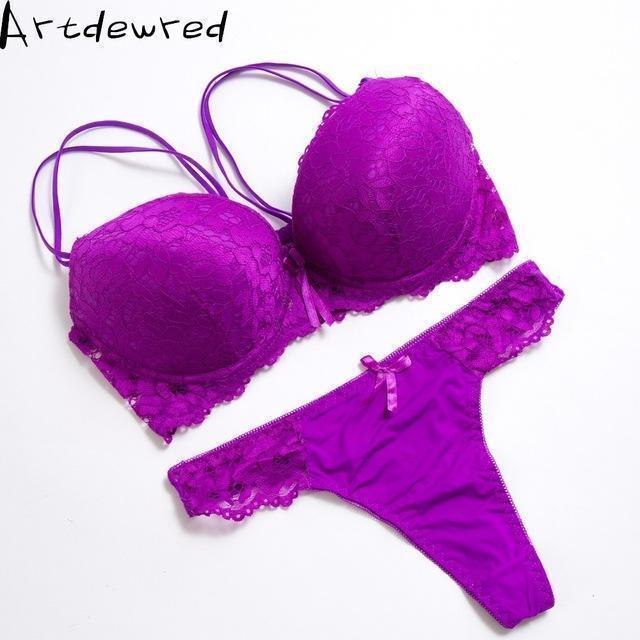 Women Padded Seamless Push Up Bra And Lace Panties Set-Purple-75C-JadeMoghul Inc.