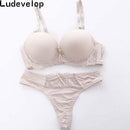 Women Padded Seamless Sheer Lace Push Up Bra And Lace Thongs Set-Khaki-B-36-JadeMoghul Inc.
